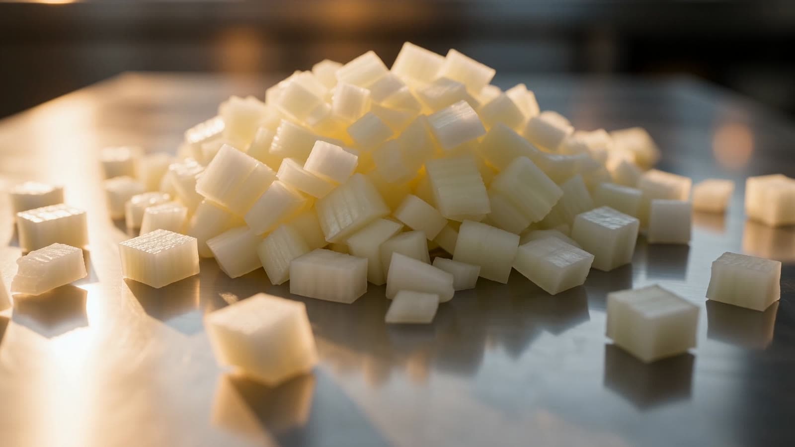 Evenly diced pale Spanish onion piled on a steel counter