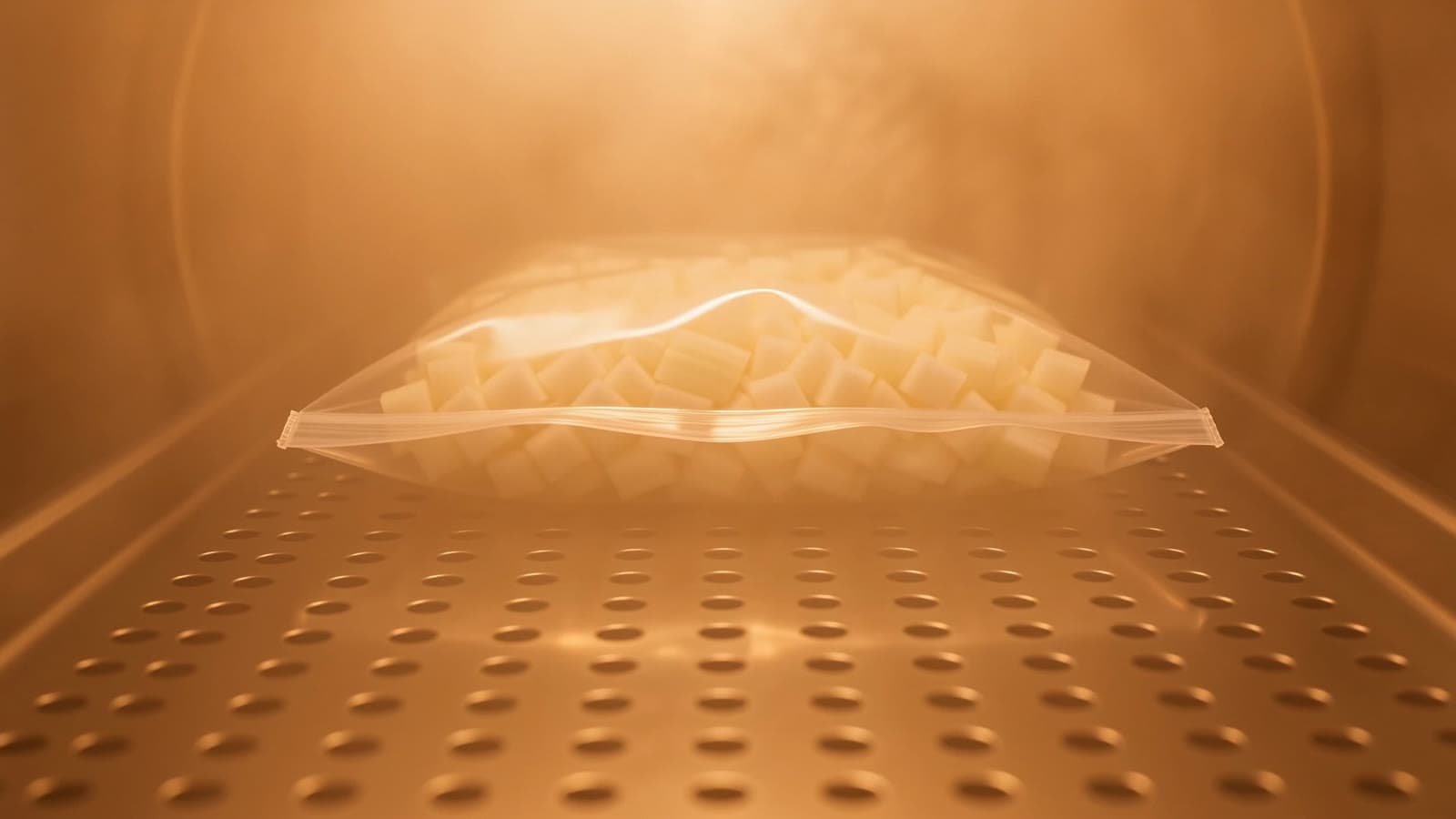 A sealed pouch of diced onion lying flat on a perforated steel tray inside a golden steam-filled chamber