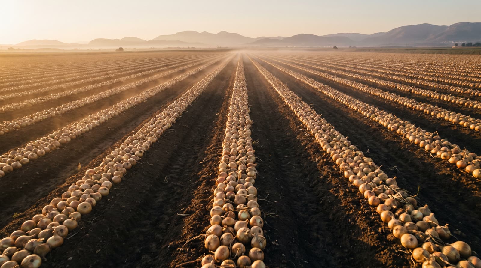 Rows of golden Spanish onions in a Valencia field at first light, mountains on the horizon